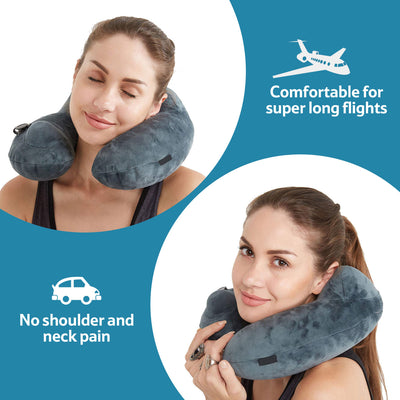 METENE Travel Pillow Soft Velvet Inflatable Neck Support Pillows for Airplanes Washable Cover with Portable Carrying Bag