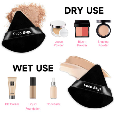 Poop Bags 6 Pieces Face Powder Puff with a Travel Case, Soft Makeup Puff with a Container, Triangle Velour Makeup Sponge for Loose Powder Body Powder, Beauty Makeup Tools, Black