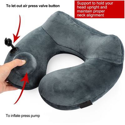 METENE Travel Pillow Soft Velvet Inflatable Neck Support Pillows for Airplanes Washable Cover with Portable Carrying Bag
