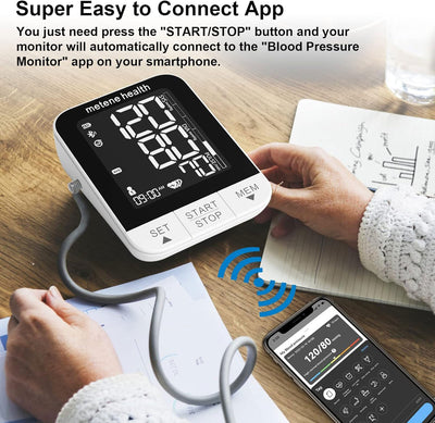 Metenehealth  Blood Pressure monitor Smart Wireless  Monitor with Adjustable Large  Cuff(8.7-16.5in) & Backlit Display, APP Unlimited  Memory for 2 Users Tracking,White