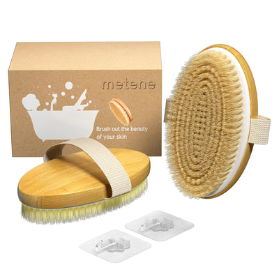 Shower Brush with Soft and Stiff Bristles,Natural Bristle for Exfoliating Skin and A Soft Scrub,2PCS Bath Brush for Wet or Dry Brushing, Specially Wooden Handle Cleans the Body Easily