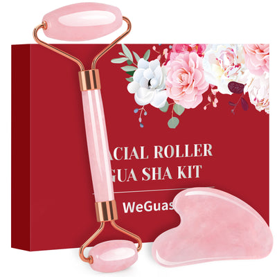 WeGuasha Jade Roller & Gua Sha, Face Roller, Facial Beauty Roller Skin Care Tools, Rose Quartz Massager for Face, Eyes, Neck, Body Muscle Relaxing and Relieve Fine Lines and Wrinkles