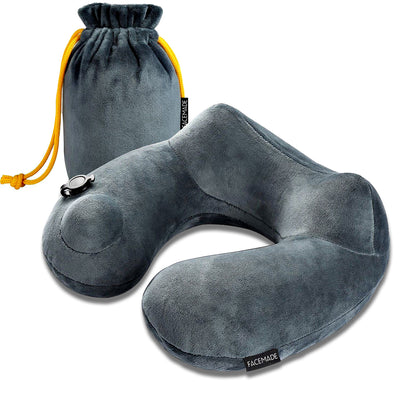 FACEMADE Pillow for Airplanes,Inflatable Neck & Head Support Pillow with Soft Washable Cover and Portable Carrying Bag