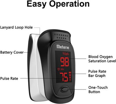 Pulse Oximeter Fingertip, Blood Oxygen Saturation Monitor with Pulse, Accuracy Heart Rate Monitor and SpO2 Meter, Metene Portable Digital Reading LED Display Oximeter with Lanyard and Batteries